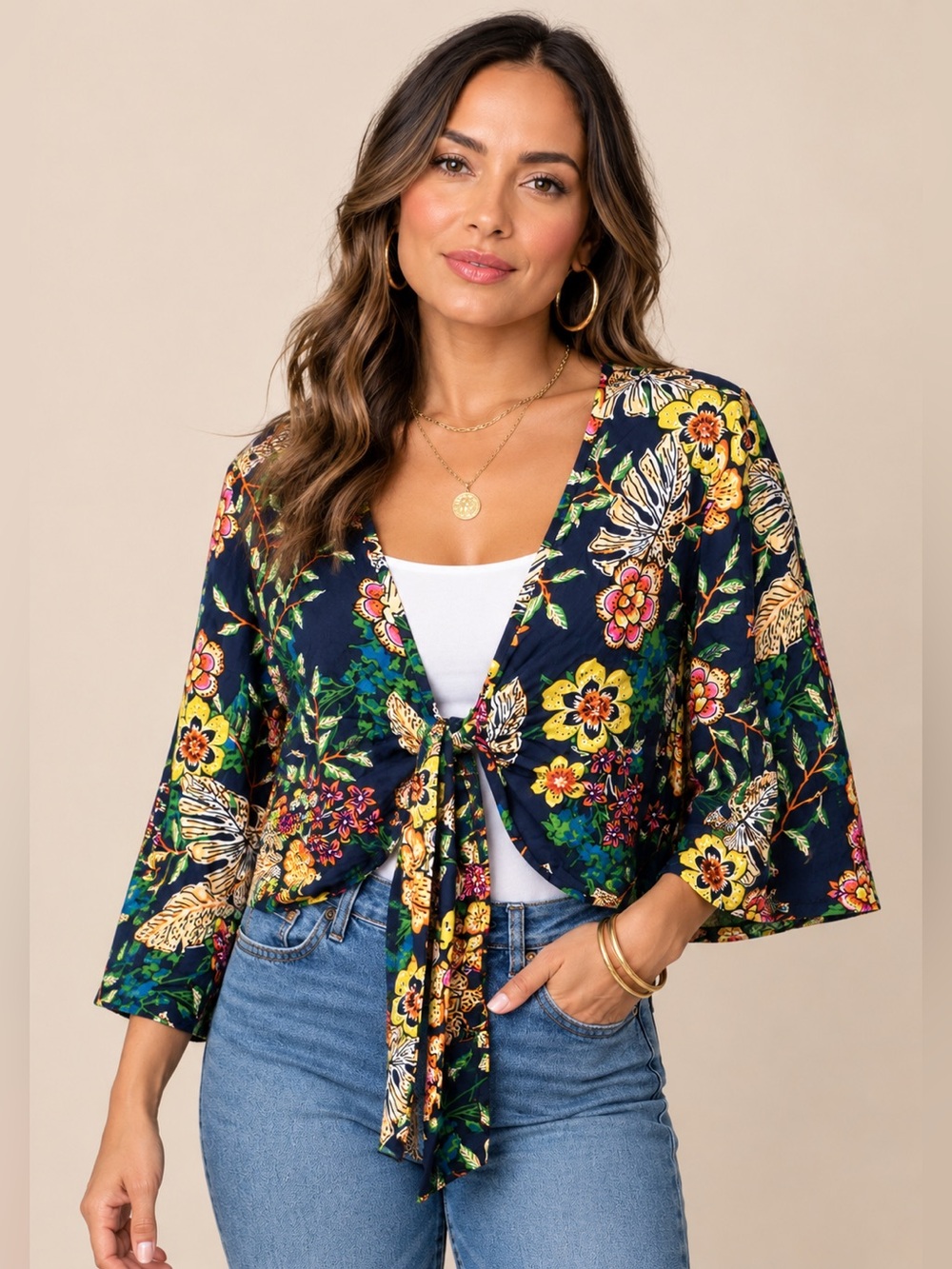 New Look Floral Tie-Front Crop Top Boho Kimono Sleeve Navy Multicolor Size M